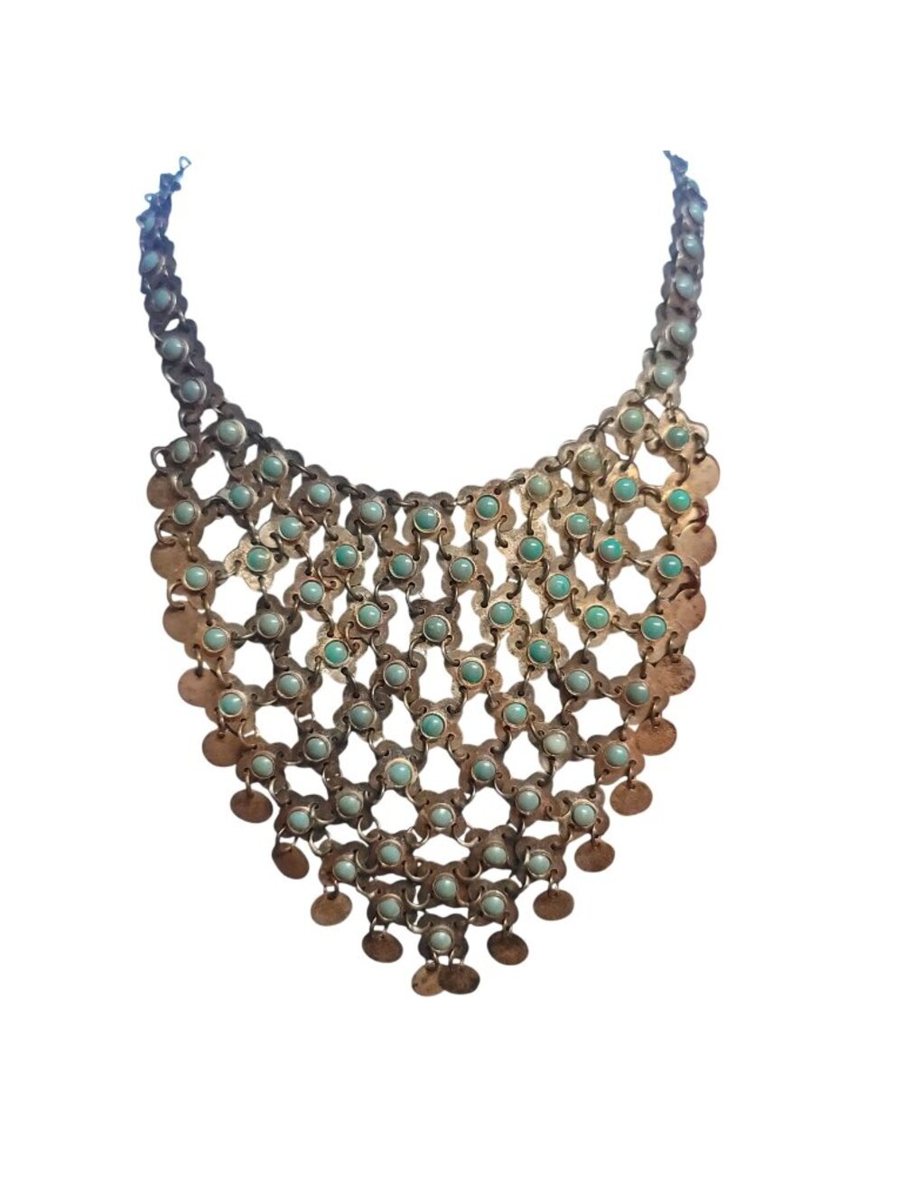 Vintage Sterling Silver Bib Necklace Turquoise Cabochon Accents River Mexico